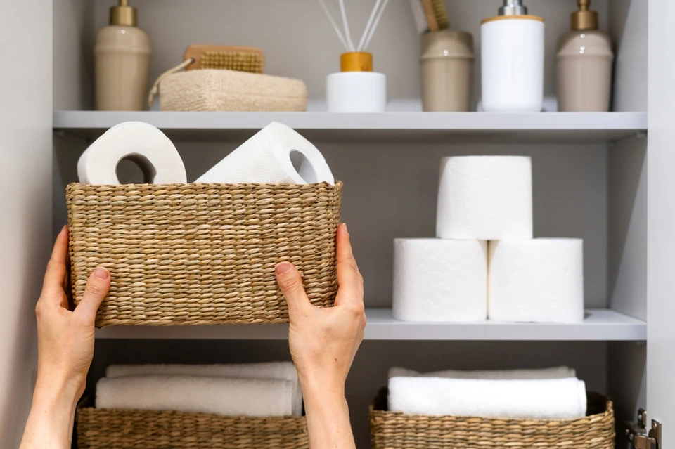 Cuisine moderne minimaliste avec mobilier intégré gris clair, plan de travail en bois